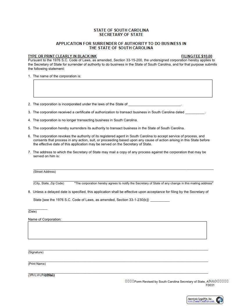 Application For Surrender Of Authority To Do Business (Foreign Corp) {F0031} | Pdf Fpdf Docx | South Carolina