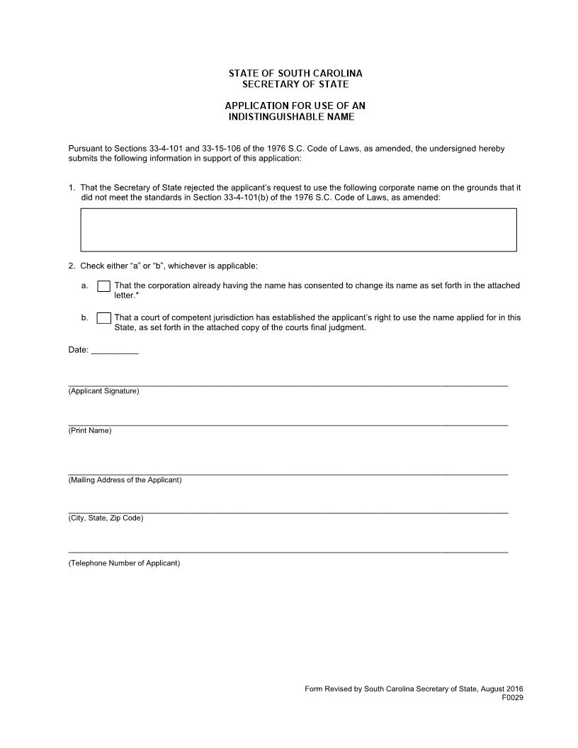 Application For Use Of An Indistinguishable Name {F0029} | Pdf Fpdf Docx | South Carolina