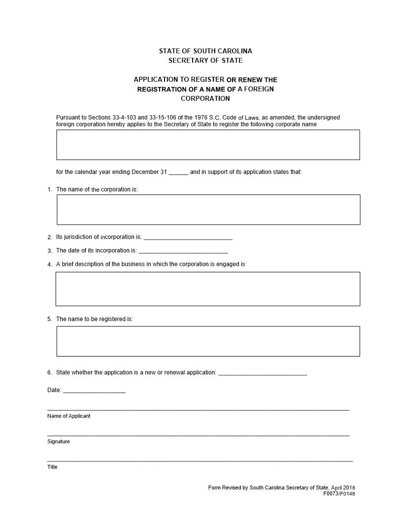 Application To Register Corporate Name By Foreign Corporation {F0073 F0148} | Pdf Fpdf Docx | South Carolina