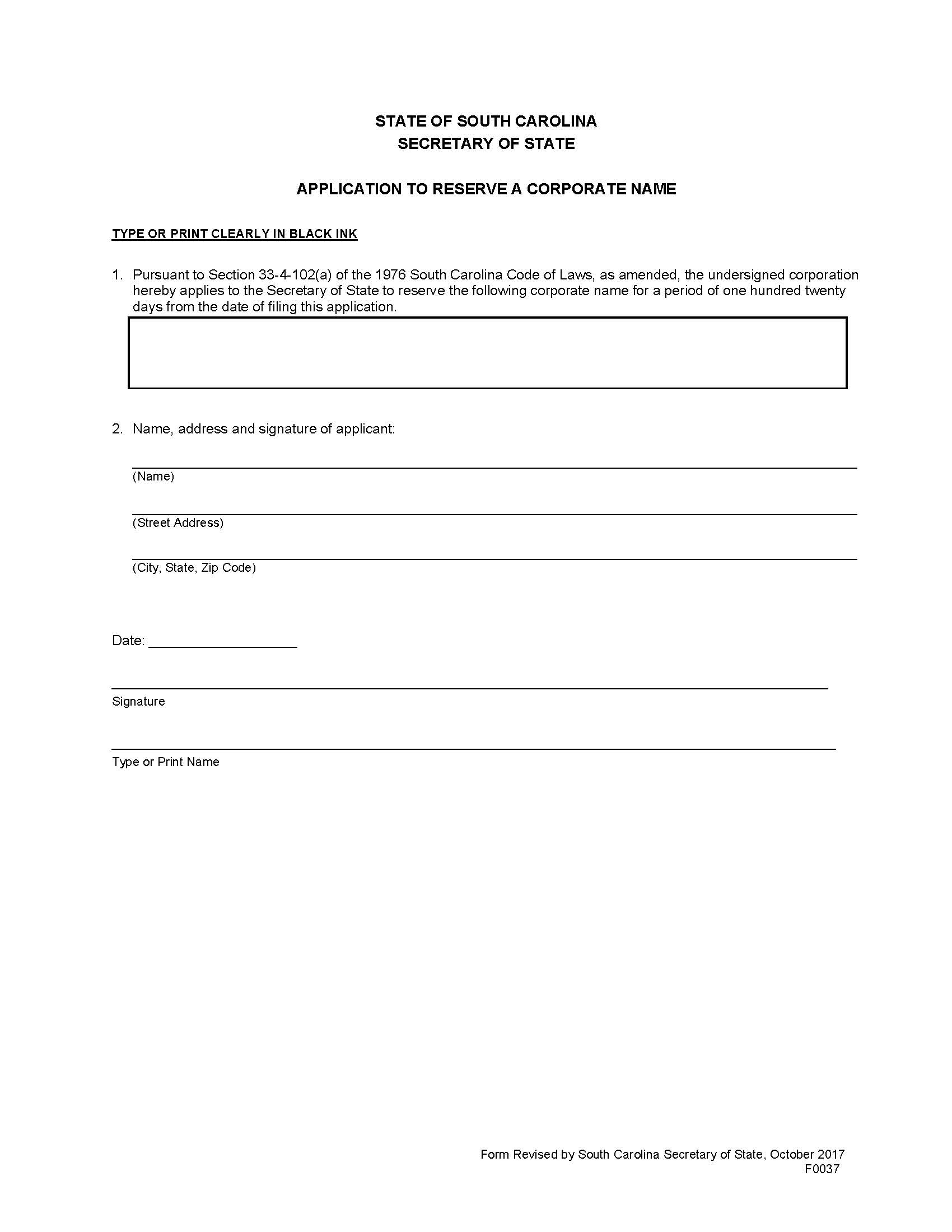 Application To Reserve Corporate Name {F0037} | Pdf Fpdf Docx | South Carolina
