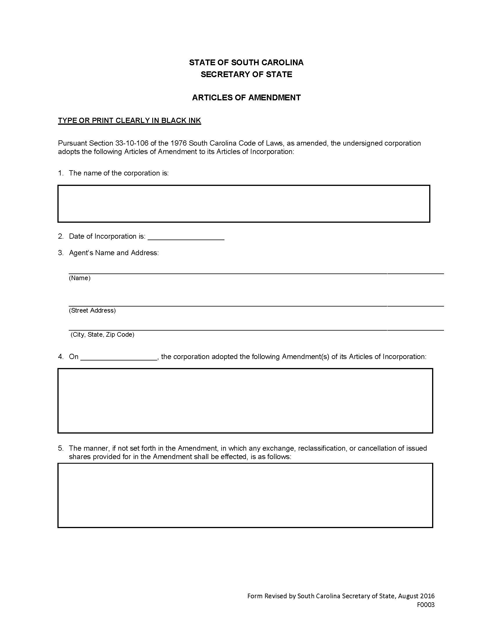 Articles Of Amendment (Domestic Corp) {F0003} | Pdf Fpdf Docx | South Carolina