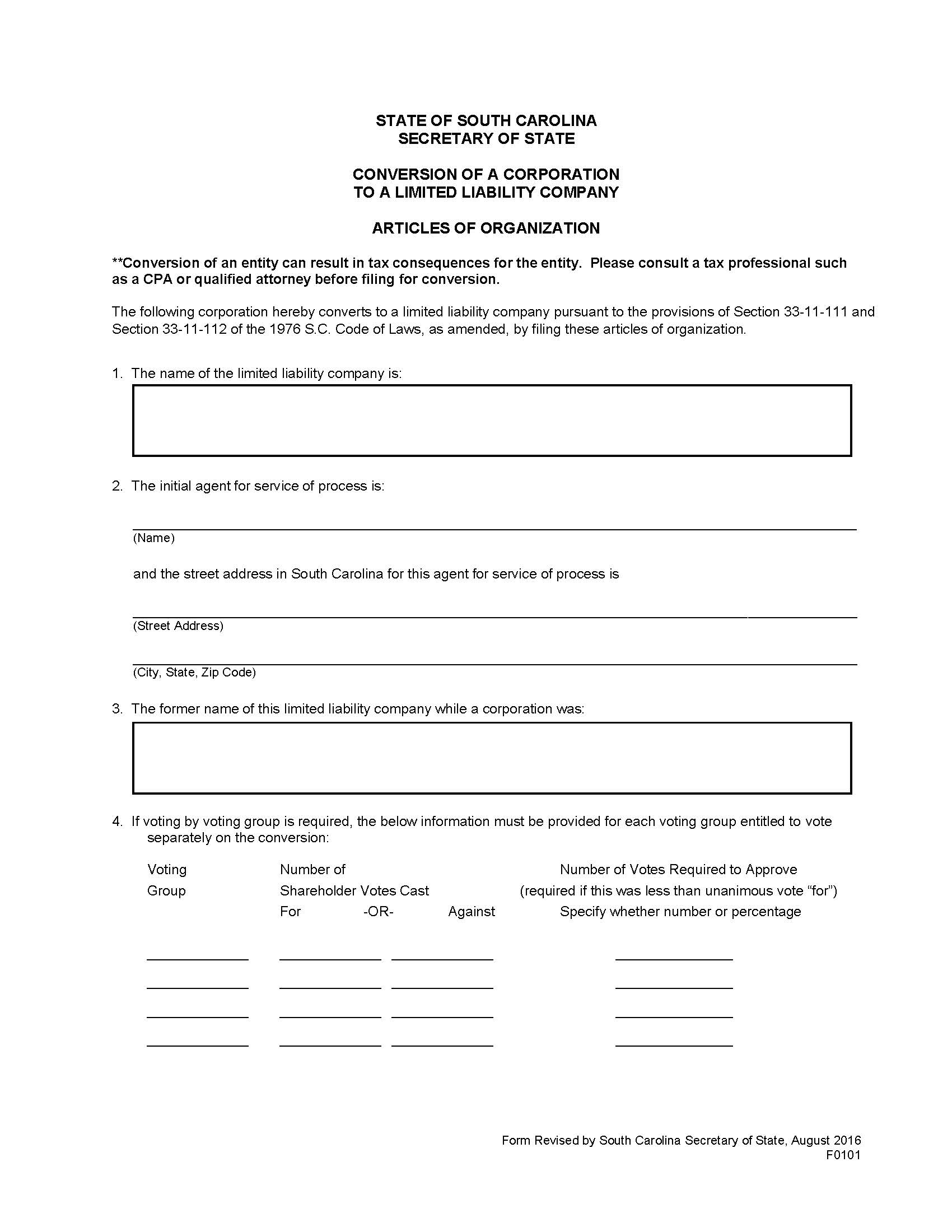 Articles Of Conversion-Corporation To LLC {F0101} | Pdf Fpdf Doc Docx | South Carolina