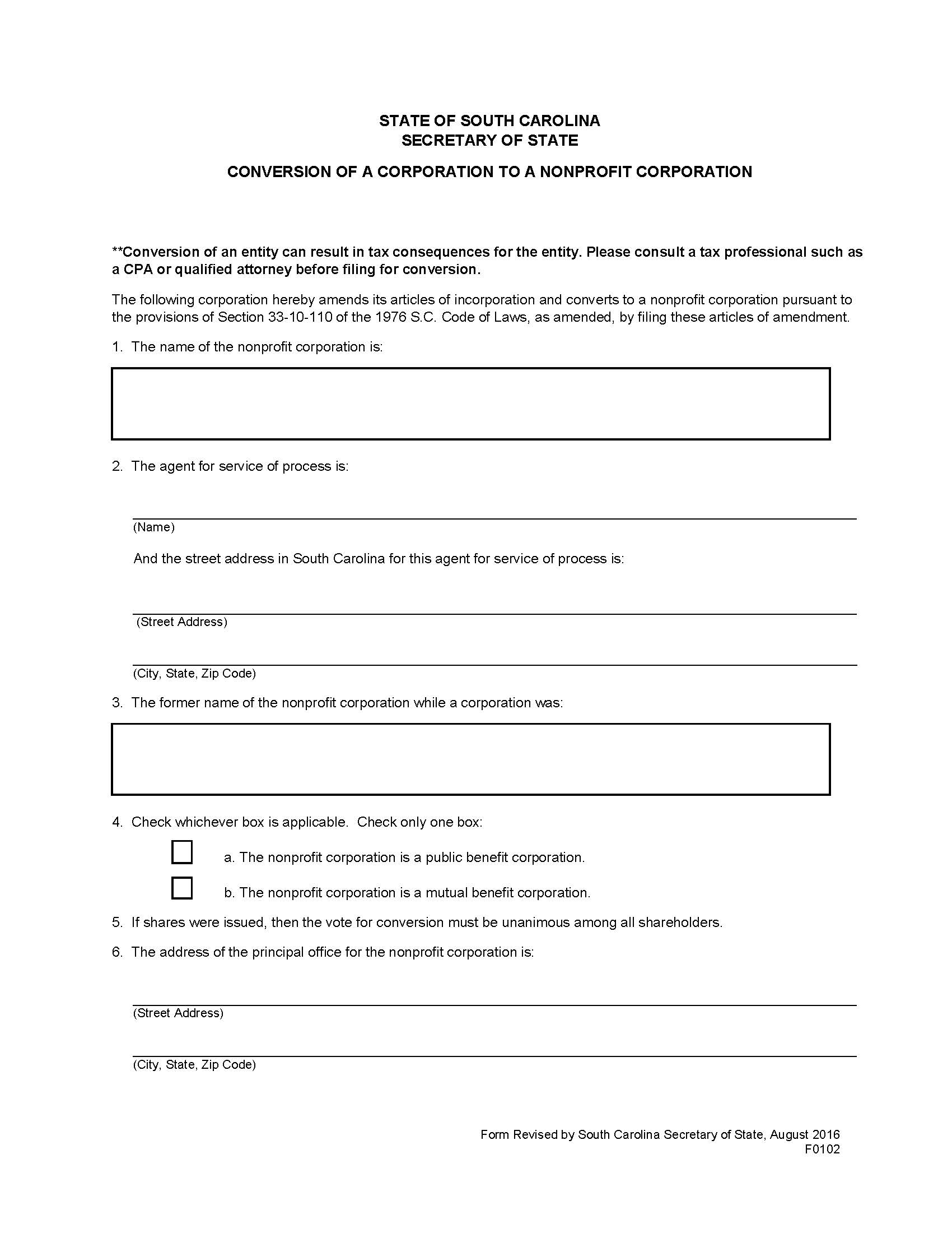Articles Of Conversion-Corporation To Nonprofit Corporation {F0102} | Pdf Fpdf Doc Docx | South Carolina