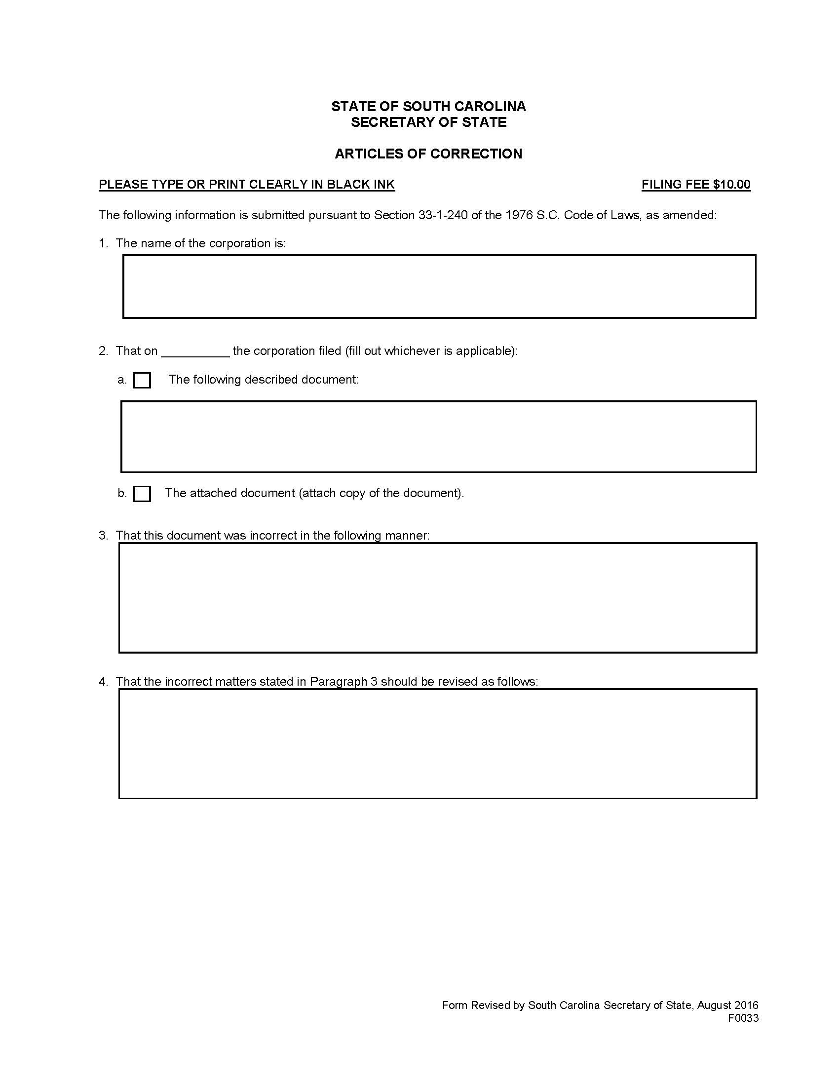 Articles Of Correction (Foreign) {F0033} | Pdf Fpdf Docx | South Carolina