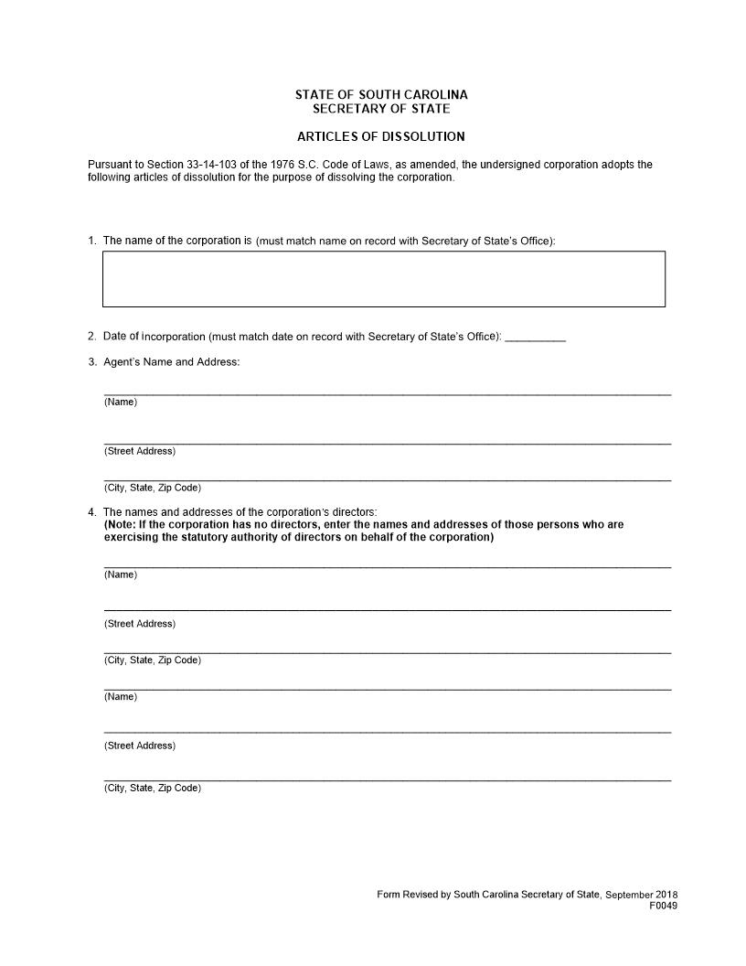 Articles Of Dissolution (Domestic Corp) {F0049} | Pdf Fpdf Docx | South Carolina