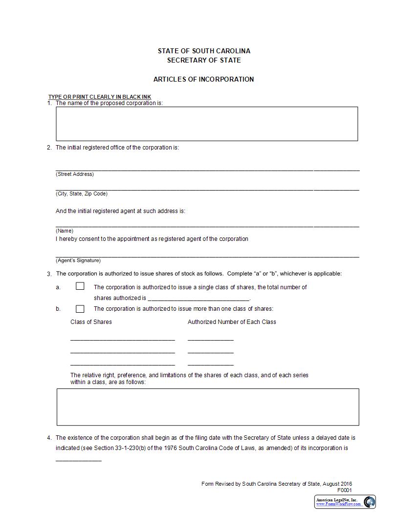 Articles Of Incorporation (Domestic Corp) {F0001} | Pdf Fpdf Docx | South Carolina
