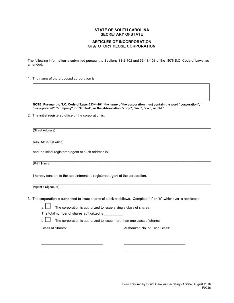 Articles Of Incorporation For A Statutory Close Corporation {F0026} | Pdf Fpdf Docx | South Carolina