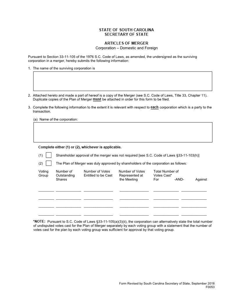 Articles Of Merger {F0053} | Pdf Fpdf Docx | South Carolina