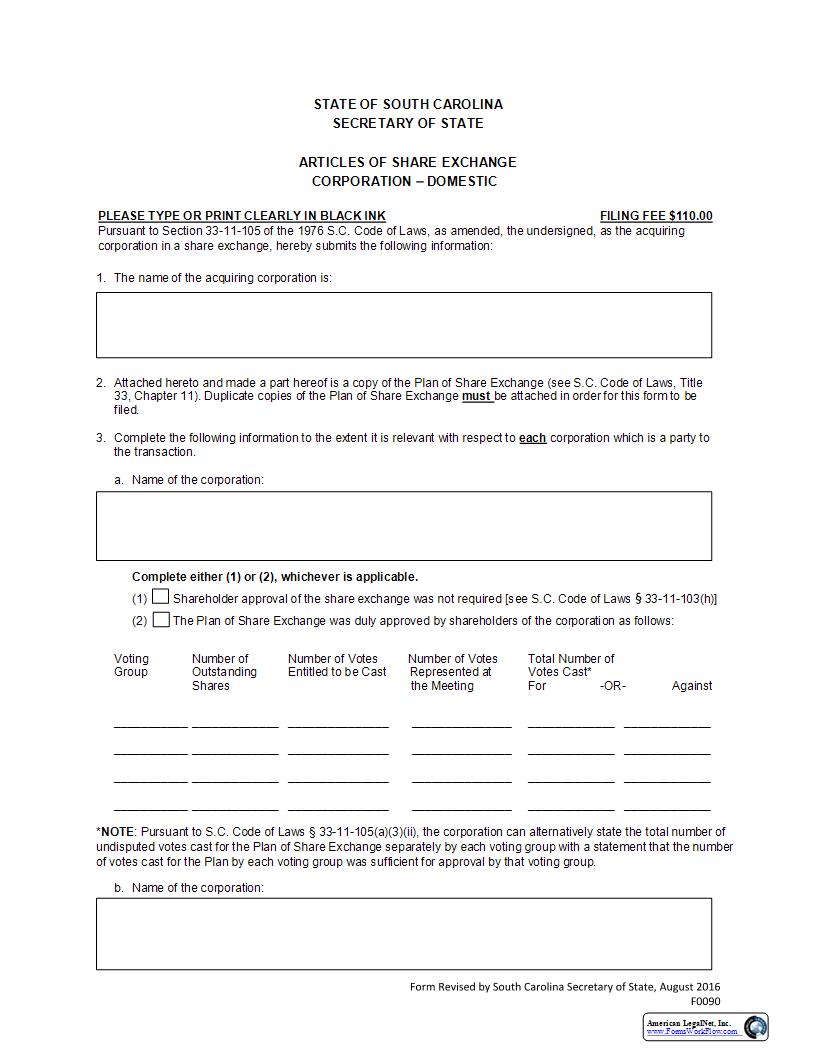 Articles Of Share Exchange {F0090} | Pdf Fpdf Docx | South Carolina
