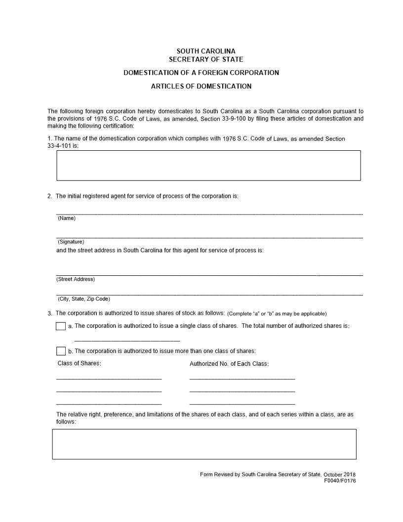 Domestication Of A Foreign Corporation To South Carolina Corporation {F0040 F0176} | Pdf Fpdf Docx | South Carolina