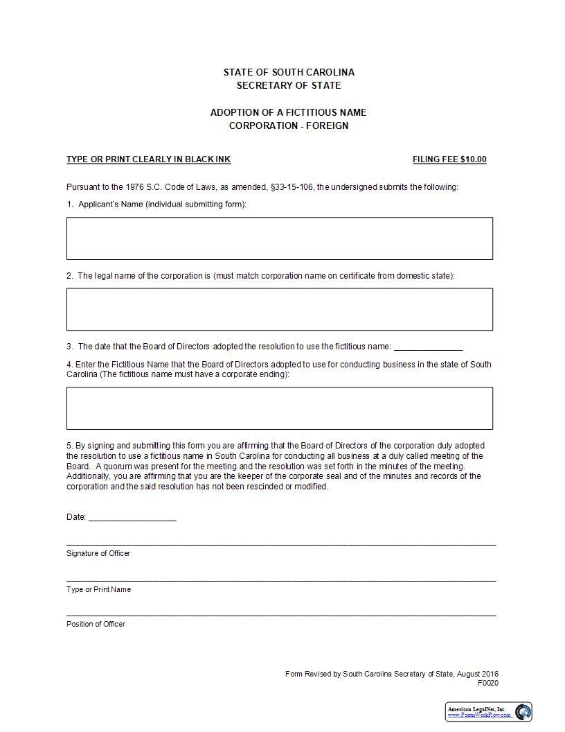 Fictitious Name Form (Adoption Of A Fictitious Name Corporation-Foreign) {F0020} | Pdf Fpdf Docx | South Carolina
