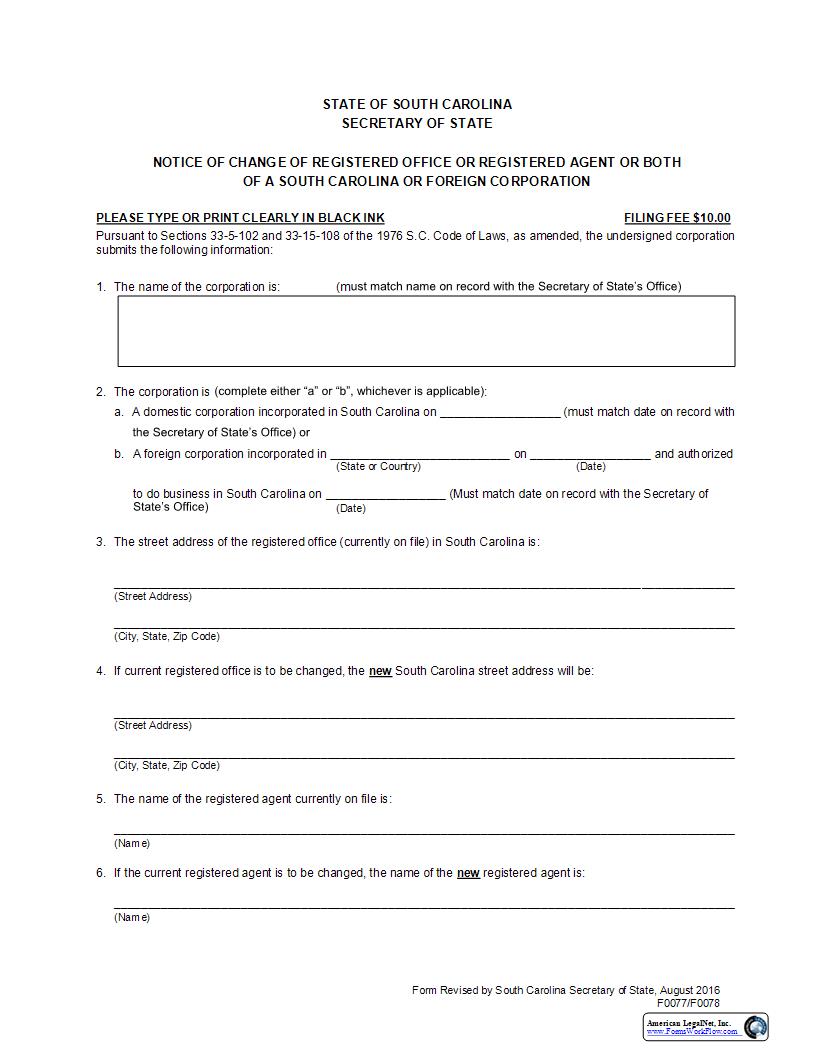 Notice Of Change Of Registered Office Or Registered Agent Or Both {F0077 F0078} | Pdf Fpdf Docx | South Carolina