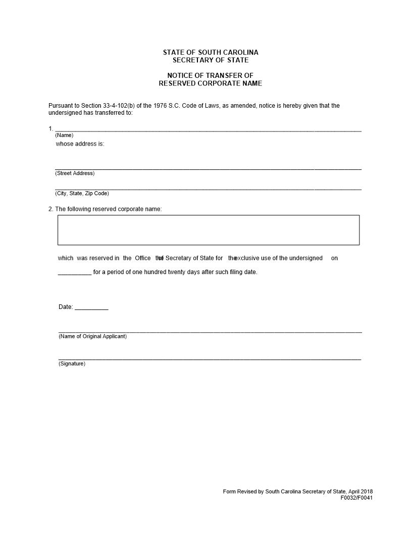 Notice Of Transfer Of Reserved Corporate Name (Domestic Corp) {F0032 F0041} | Pdf Fpdf Docx | South Carolina