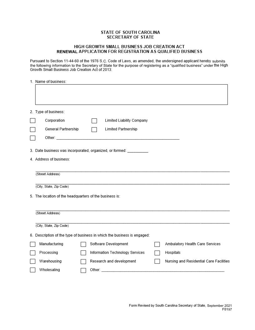 Renewal Application For Registration As Qualified Business Foreign {F0197} | Pdf Fpdf Docx | South Carolina