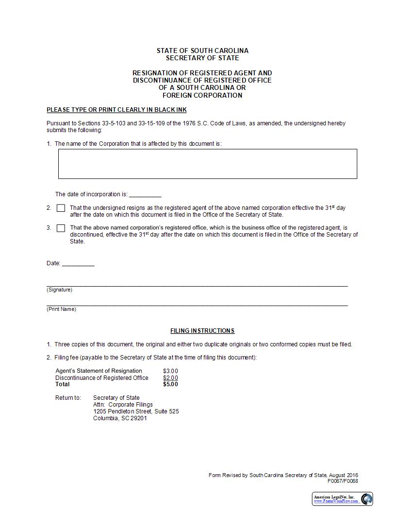 Resignation Of Registered Agent And Discontinuance Of Registered Office {F0067 F0068} | Pdf Fpdf Docx | South Carolina