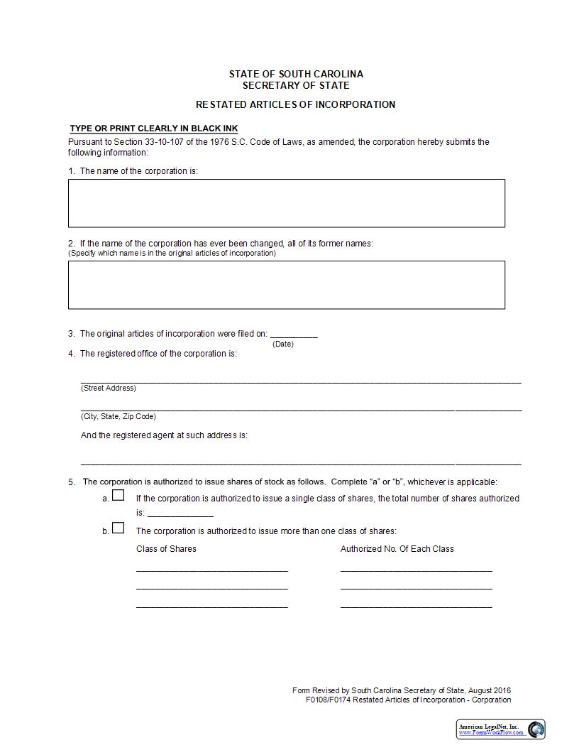 Restated Articles Of Incorporation (Domestic Corp) {F0108 F0174} | Pdf Fpdf Docx | South Carolina