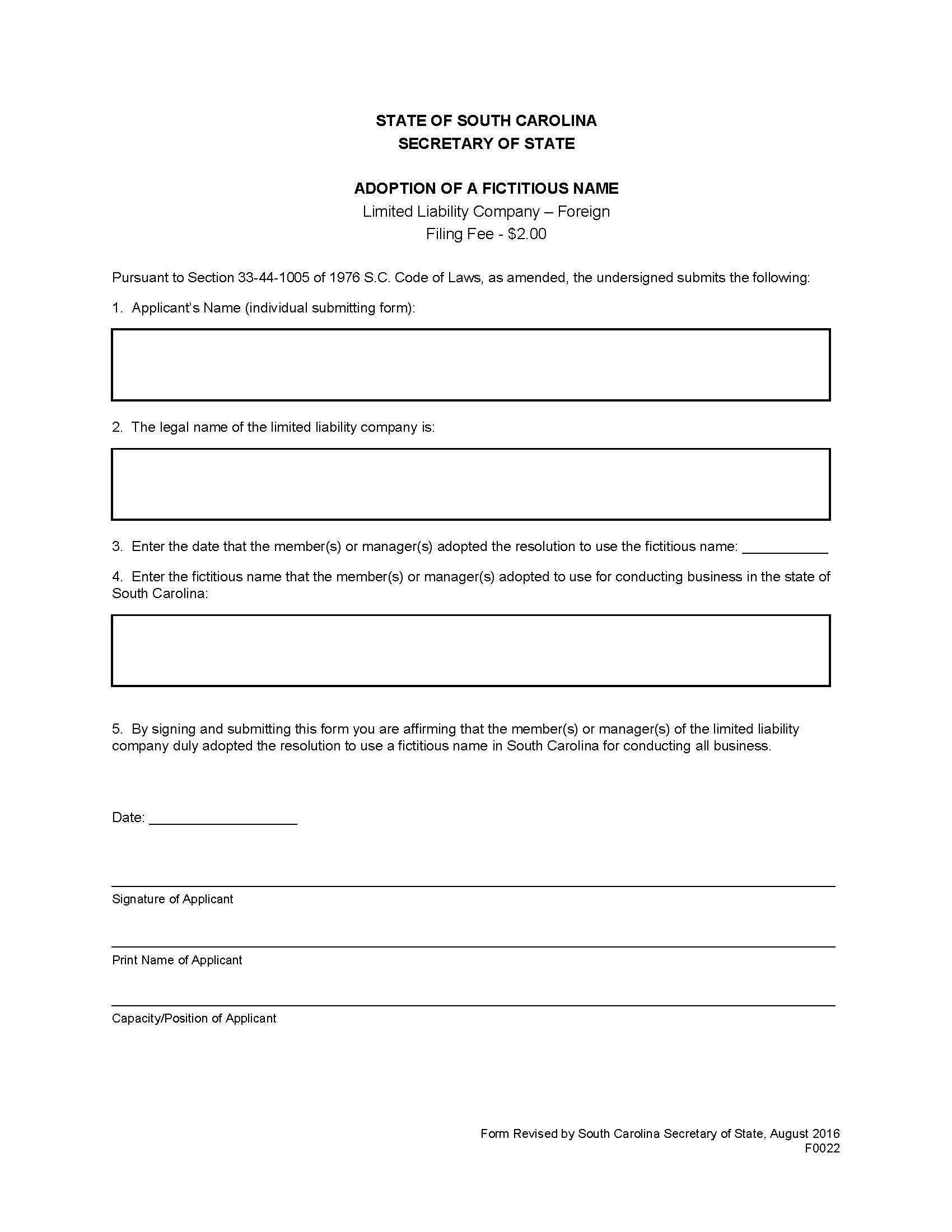Adoption Of A Fictitious Name Limited Liability Company-Foreign {F0022} | Pdf Fpdf Doc Docx | South Carolina