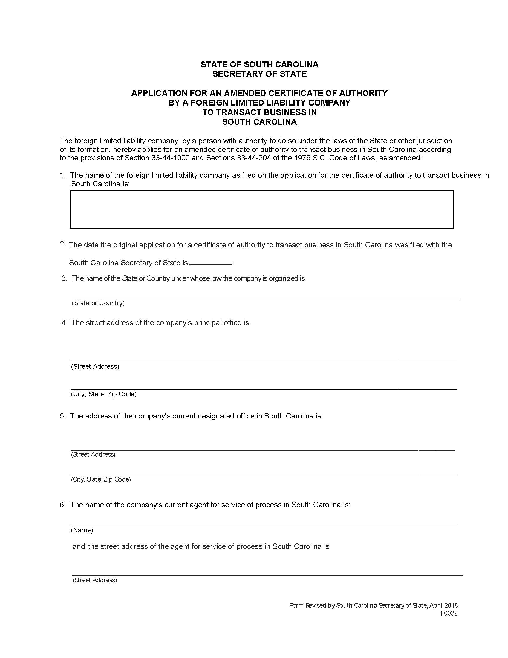 Application For Amended Certificate Of Authority To Transact Business-Foreign LLC {F0039} | Pdf Fpdf Doc Docx | South Carolina