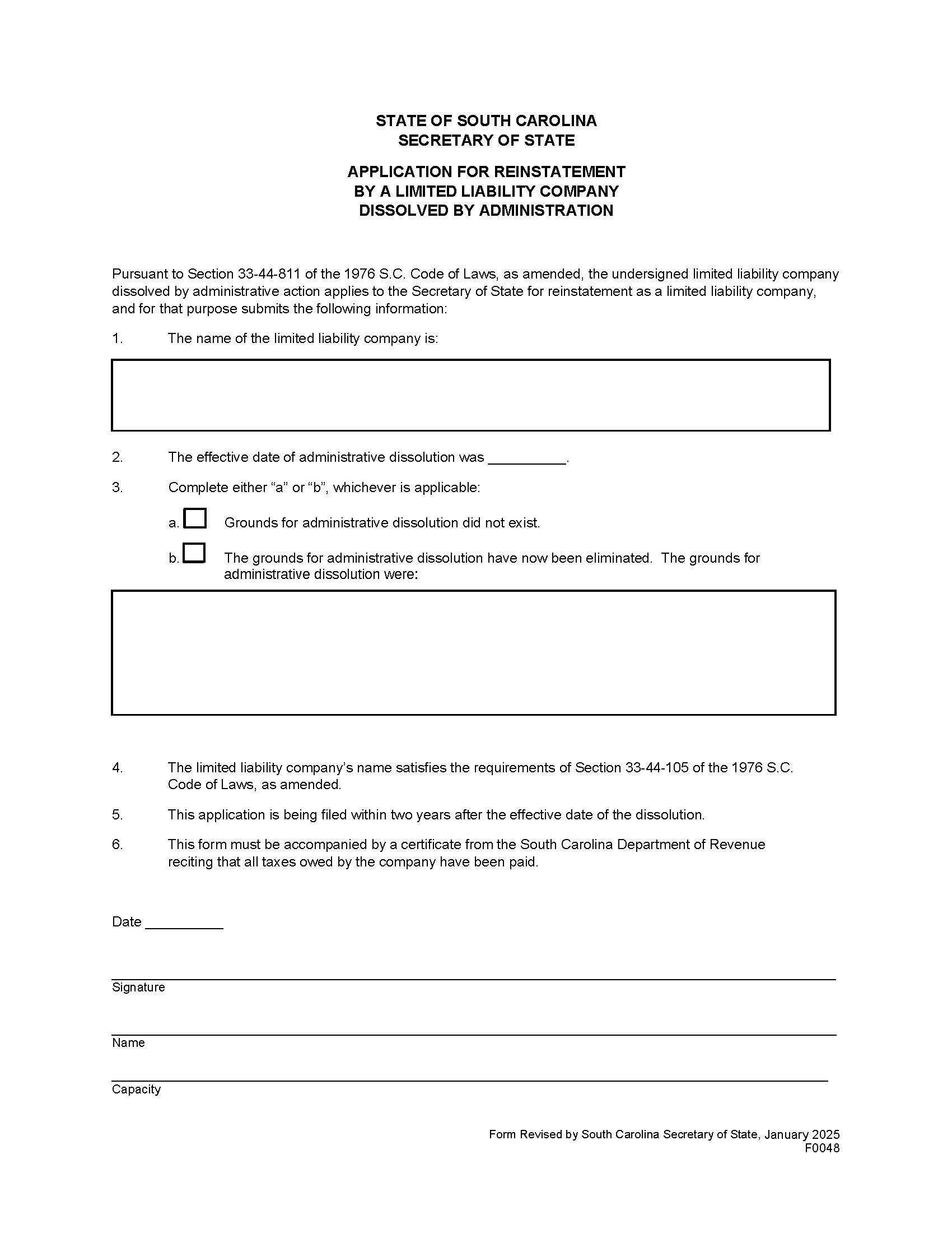 Application For Reinstatement By Limited Liability Company Dissolved By Administrative Action {F0048} | Pdf Fpdf Doc Docx | South Carolina