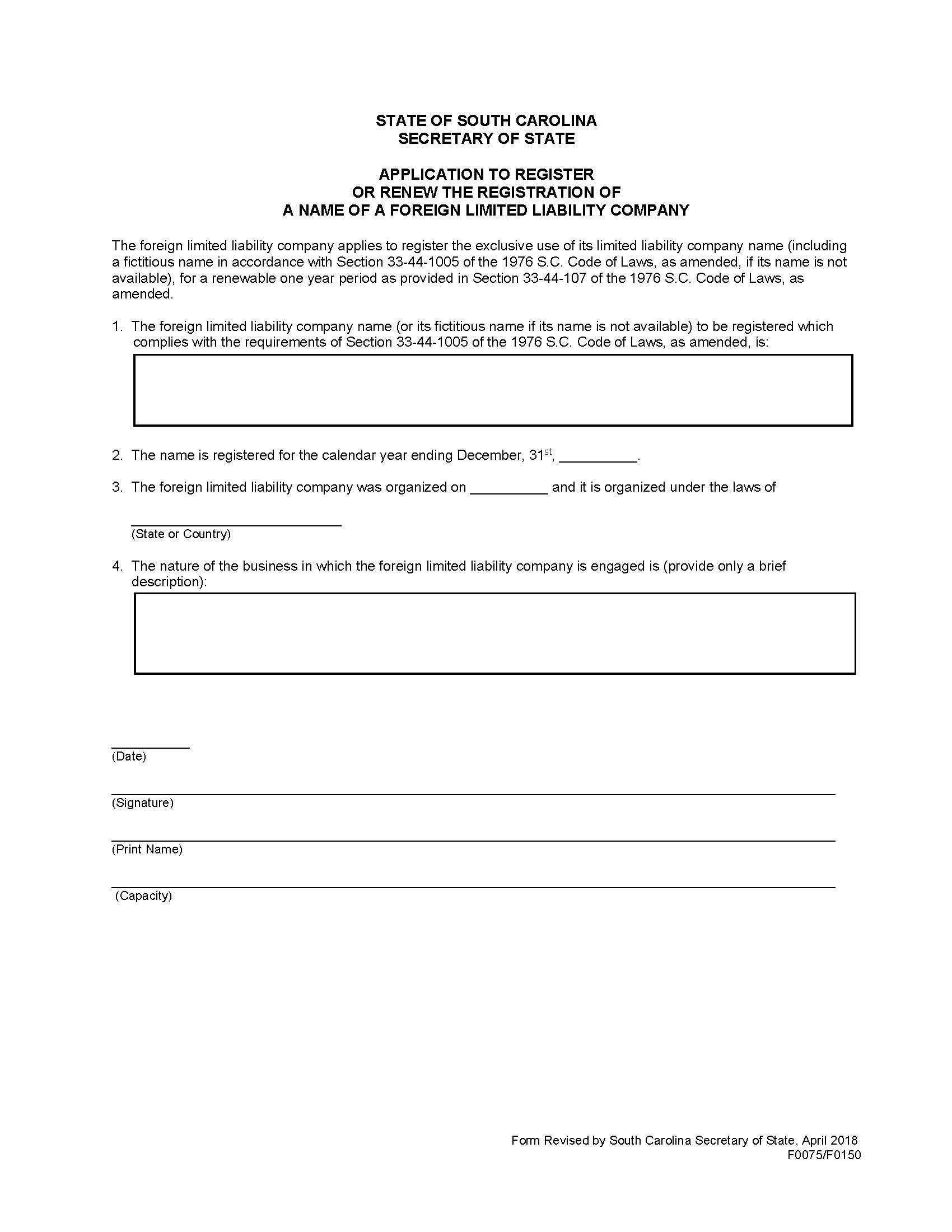 Application To Register Or Renew Registration Of Name Of Foreign Limited Liability Company {F0075 F0150} | Pdf Fpdf Doc Docx | South Carolina