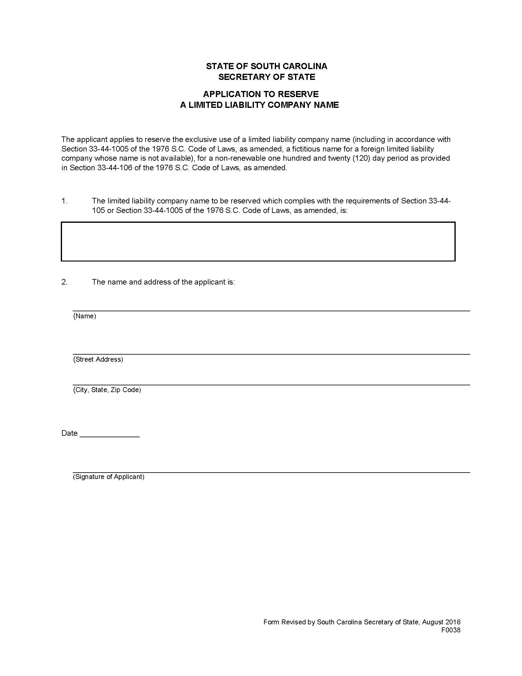 Application To Reserve Limited Liability Company Name (Domestic LLC) {F0038} | Pdf Fpdf Doc Docx | South Carolina