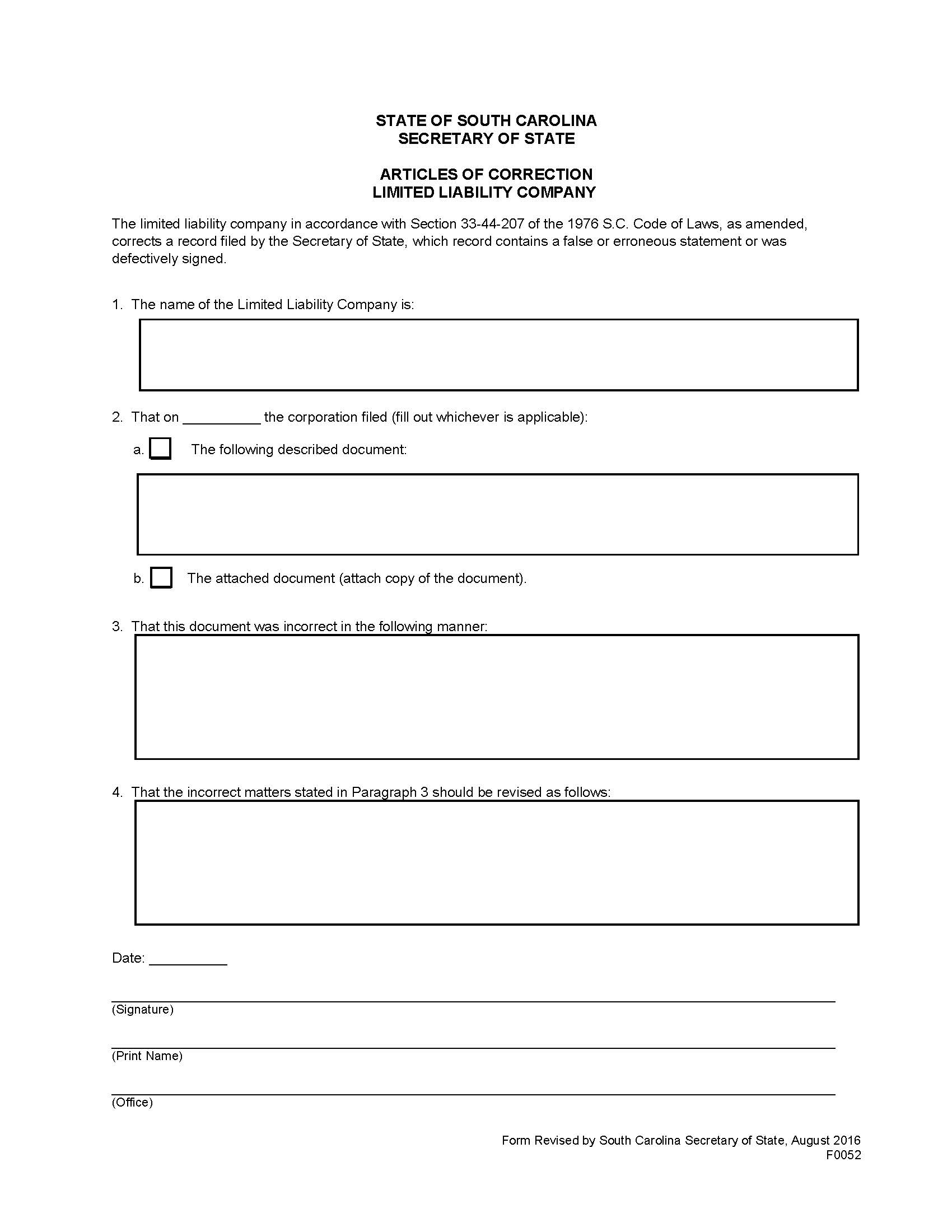 Articles Of Correction Limited Liability Company {F0052} | Pdf Fpdf Doc Docx | South Carolina