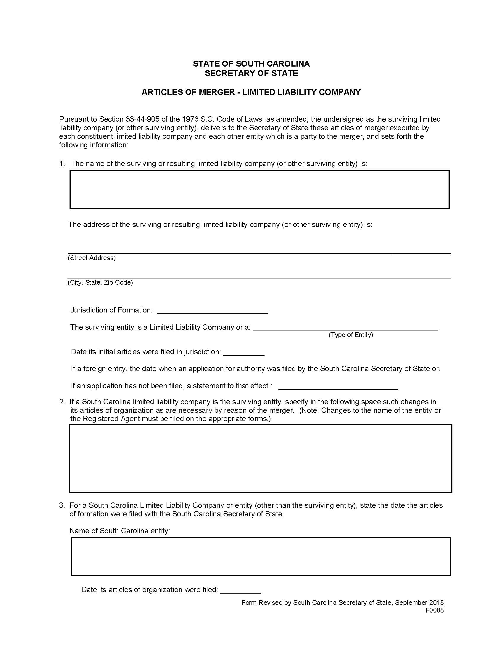Articles Of Merger (Domestic LLC) {F0088} | Pdf Fpdf Doc Docx | South Carolina