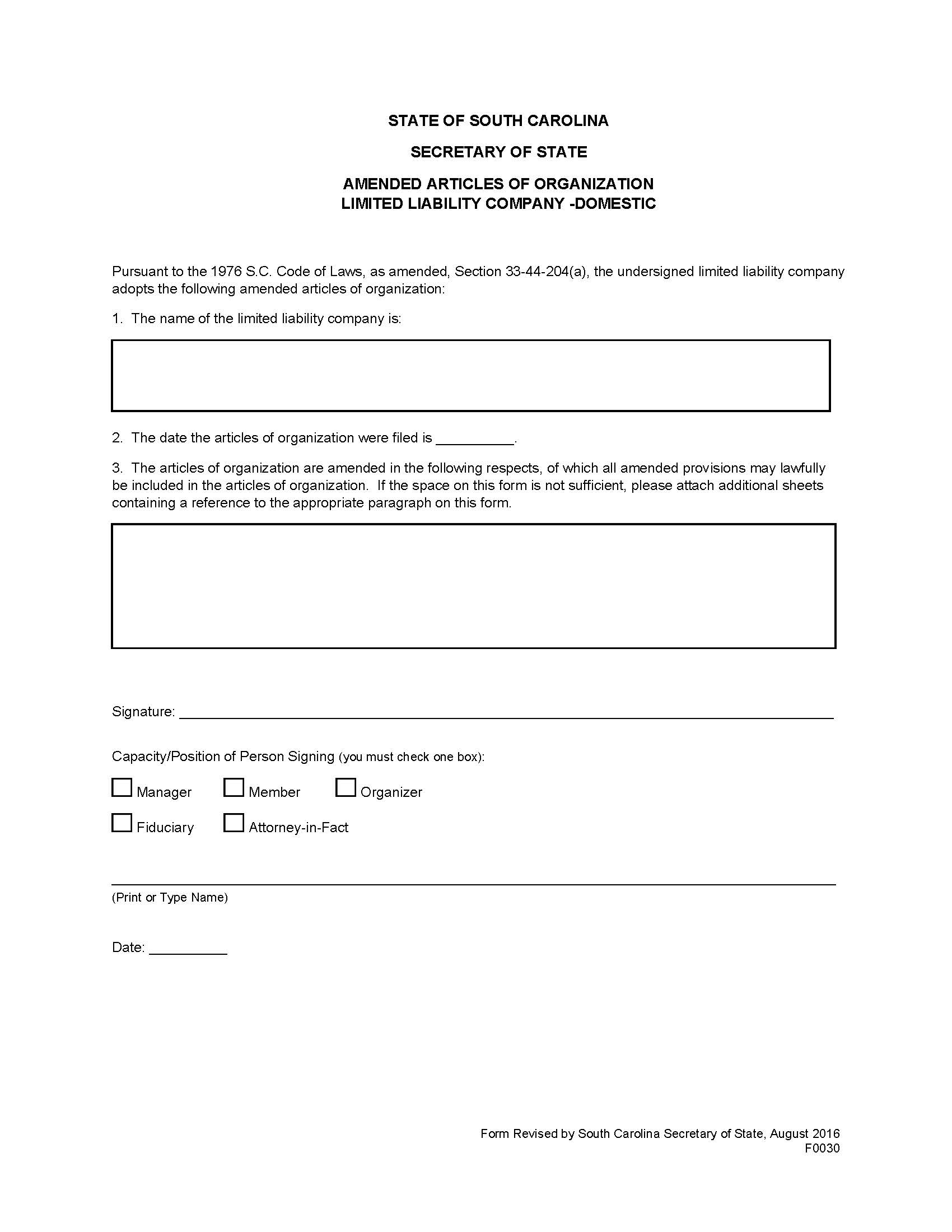 Articles Of Organization (Domestic LLC) {F0030} | Pdf Fpdf Doc Docx | South Carolina