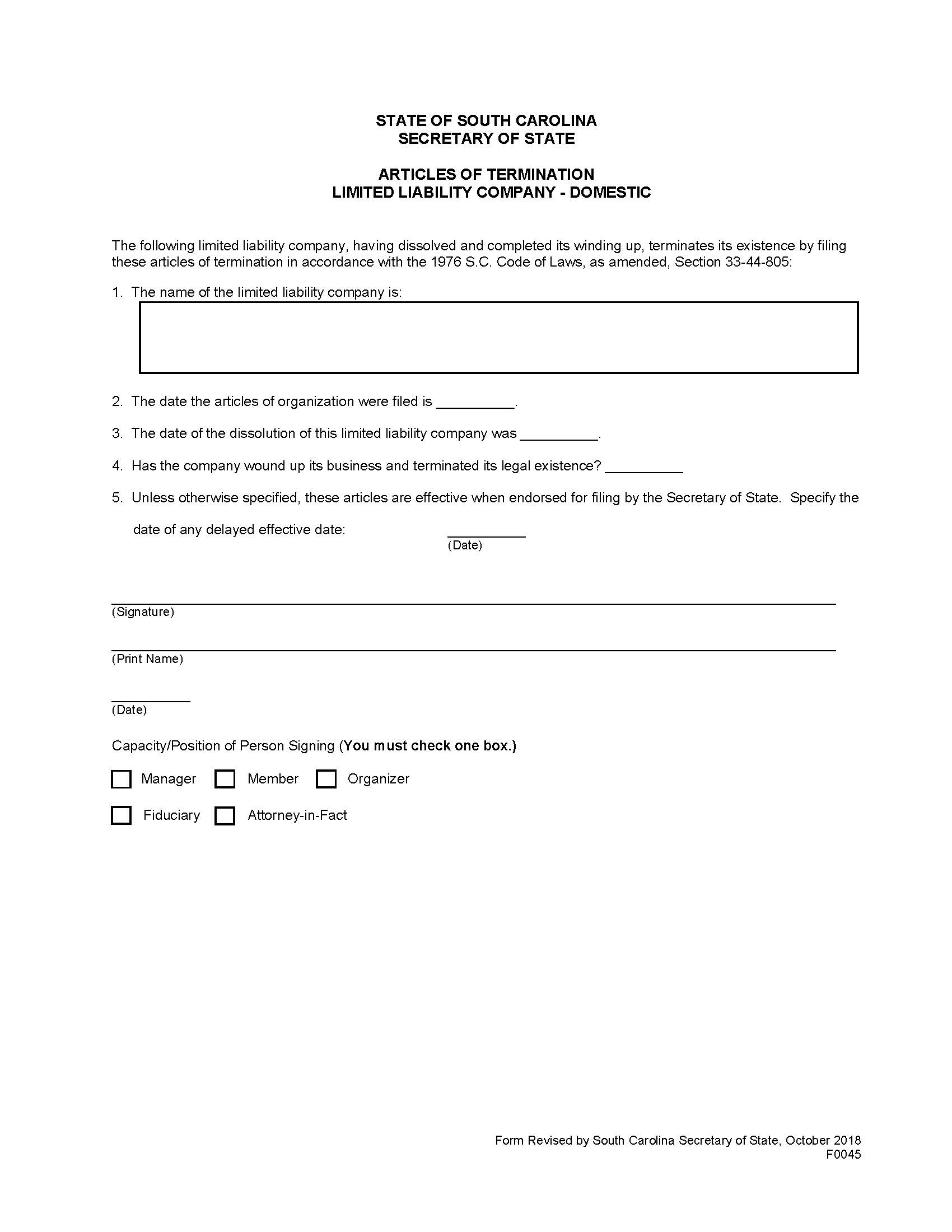 Articles Of Termination For Limited Liability Company (Domestic LLC) {F0045} | Pdf Fpdf Doc Docx | South Carolina