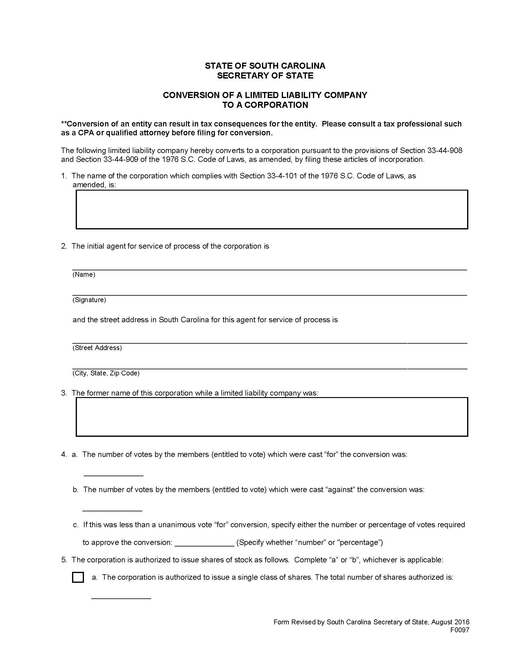 Conversion Of A Limited Liability Company To A Corporation {F0097} | Pdf Fpdf Doc Docx | South Carolina
