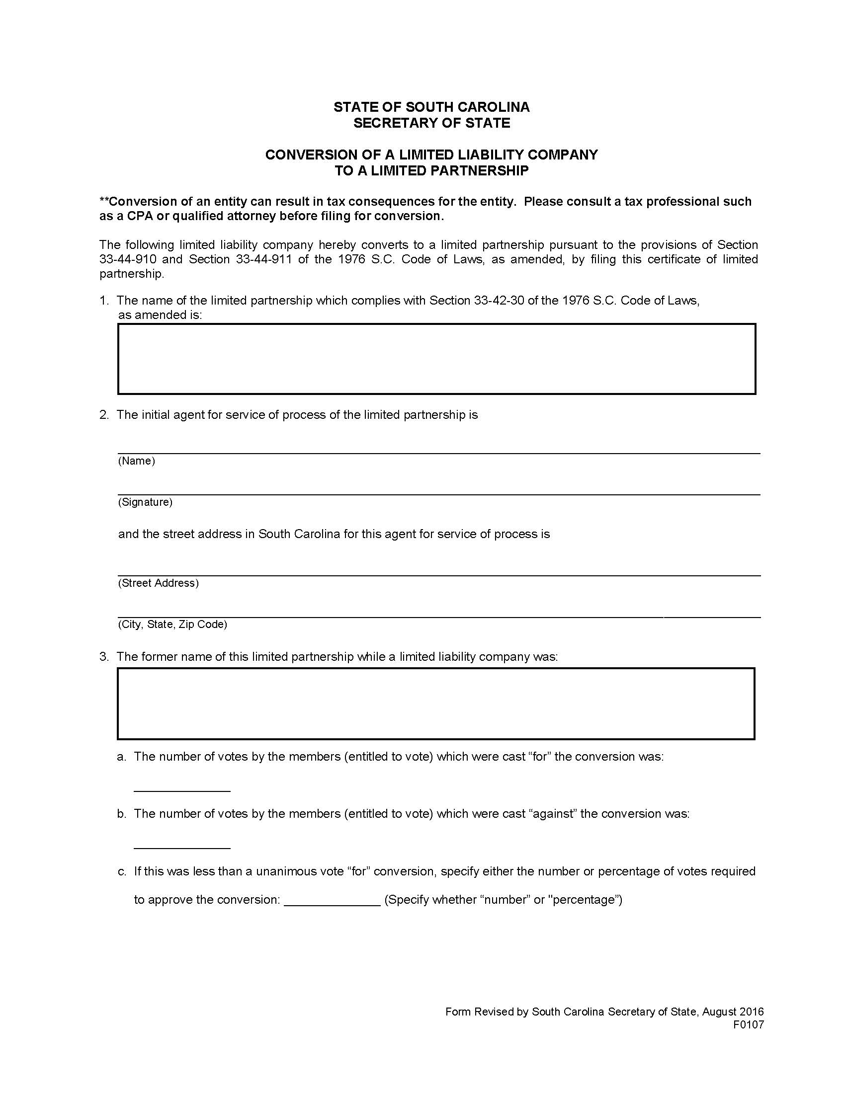 Conversion Of A Limited Liability Company To A Limited Partnership {F0107} | Pdf Fpdf Doc Docx | South Carolina