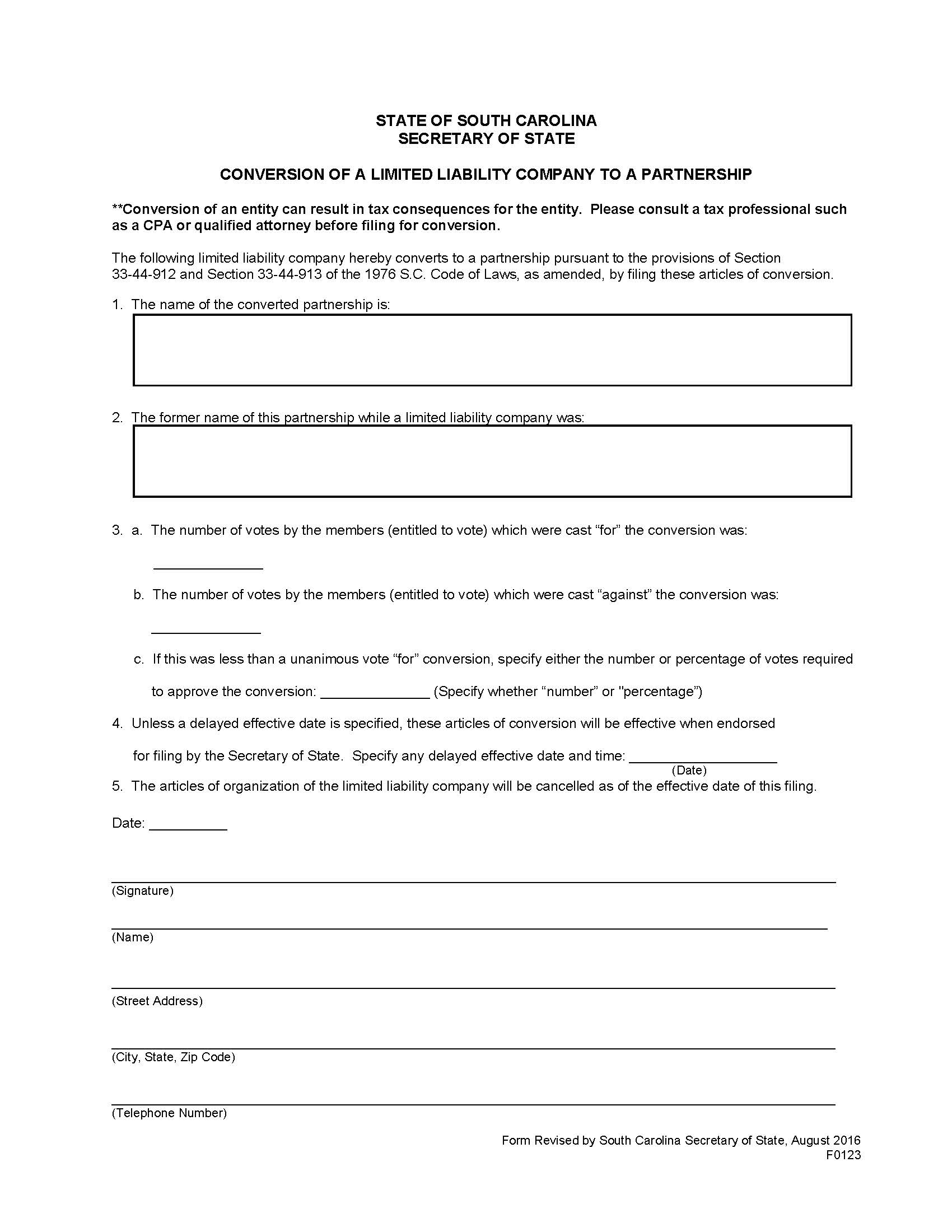 Conversion Of A Limited Liability Company To A Partnership {F0123} | Pdf Fpdf Doc Docx | South Carolina