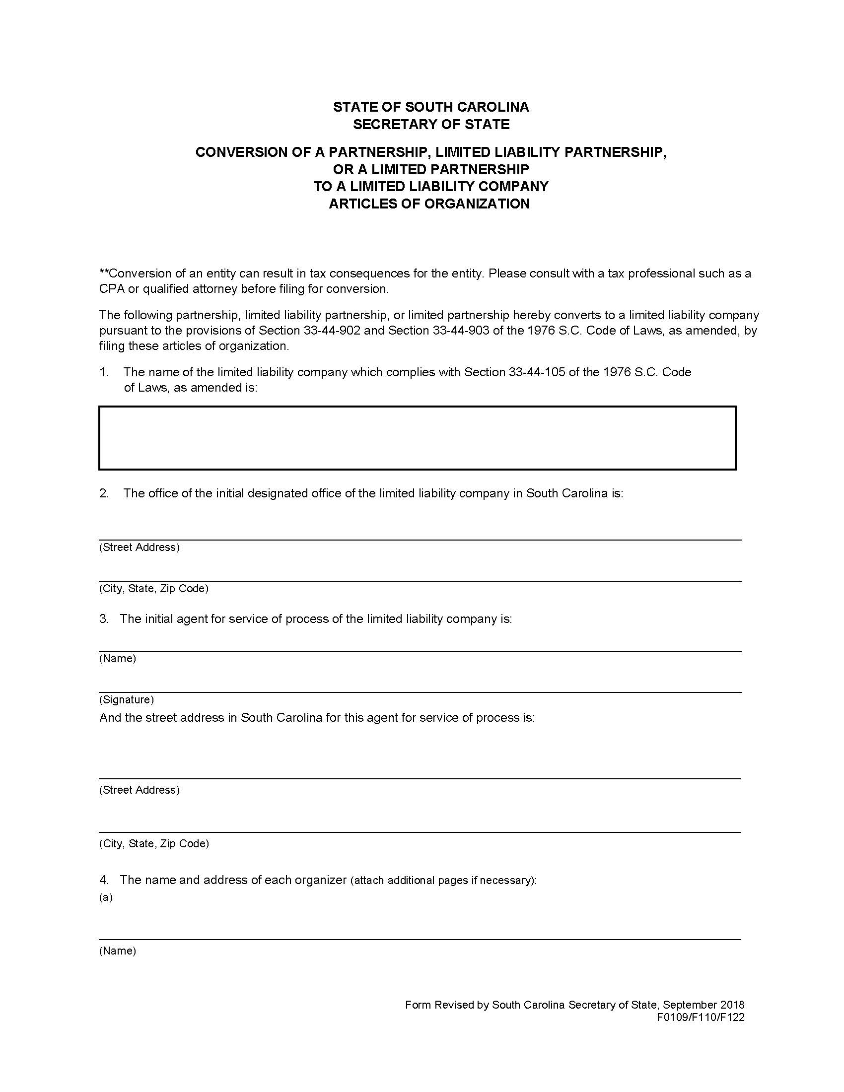 Conversion Of Partnership Or Limited Partnership To LLC Articles Of Organization {F0109 F110 F112} | Pdf Fpdf Doc Docx | South Carolina