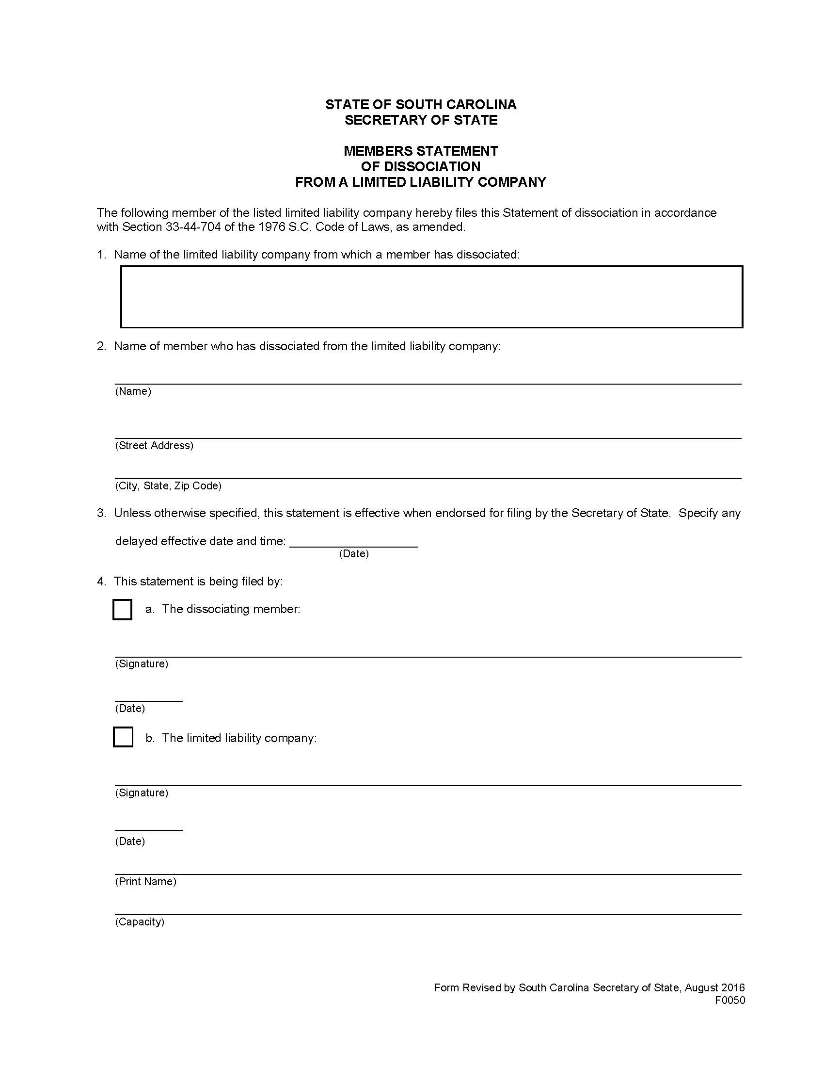 Members Statement Of Dissociation From Limited Liability Company {F0050} | Pdf Fpdf Doc Docx | South Carolina