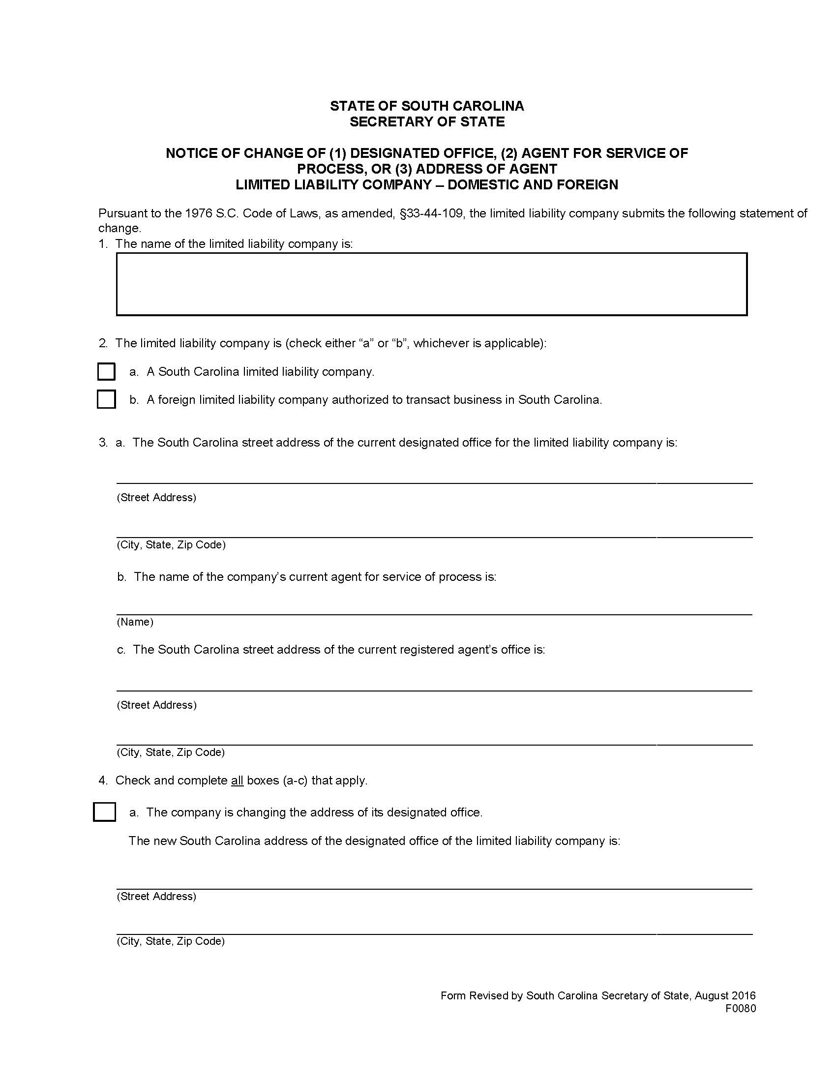 Notice Of Change Of Designated Office-Agent Or Address Of Registered Agent LLC {F0080} | Pdf Fpdf Doc Docx | South Carolina