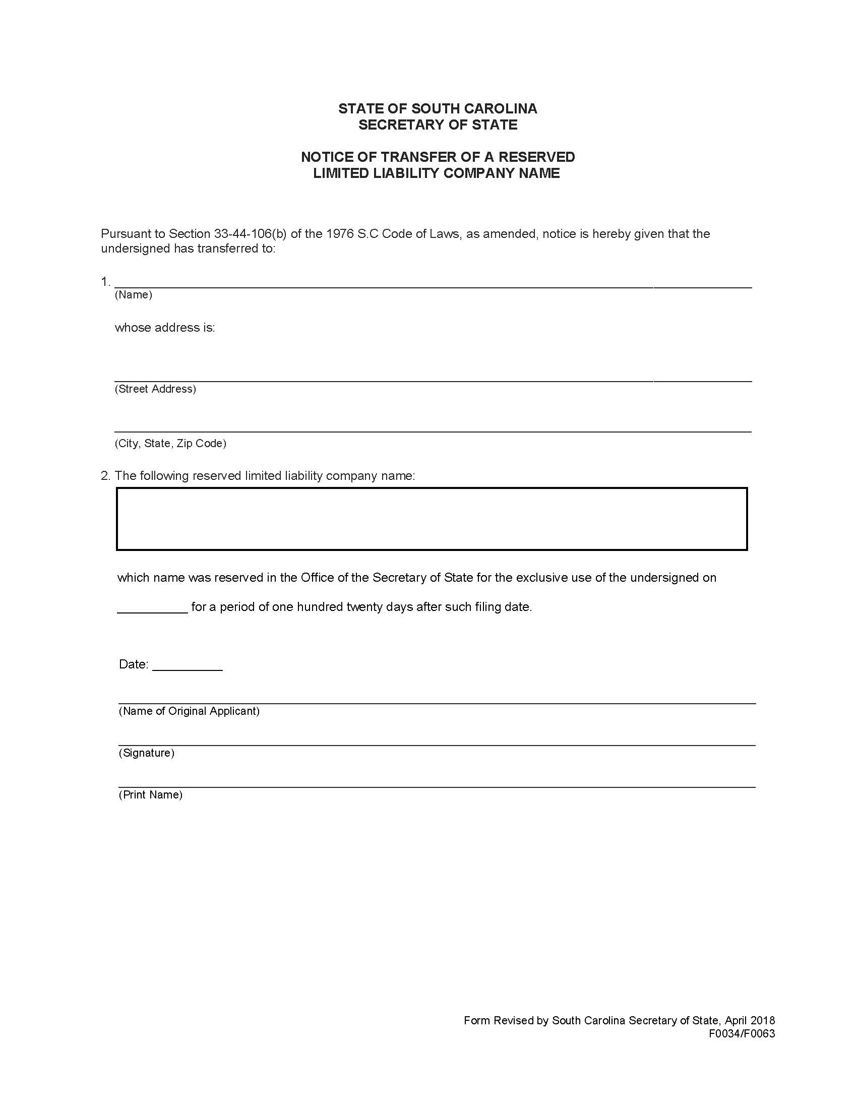Notice Of Transfer Of A Reserved Limited Liability Company Name LLC {F0034 F0063} | Pdf Fpdf Doc Docx | South Carolina