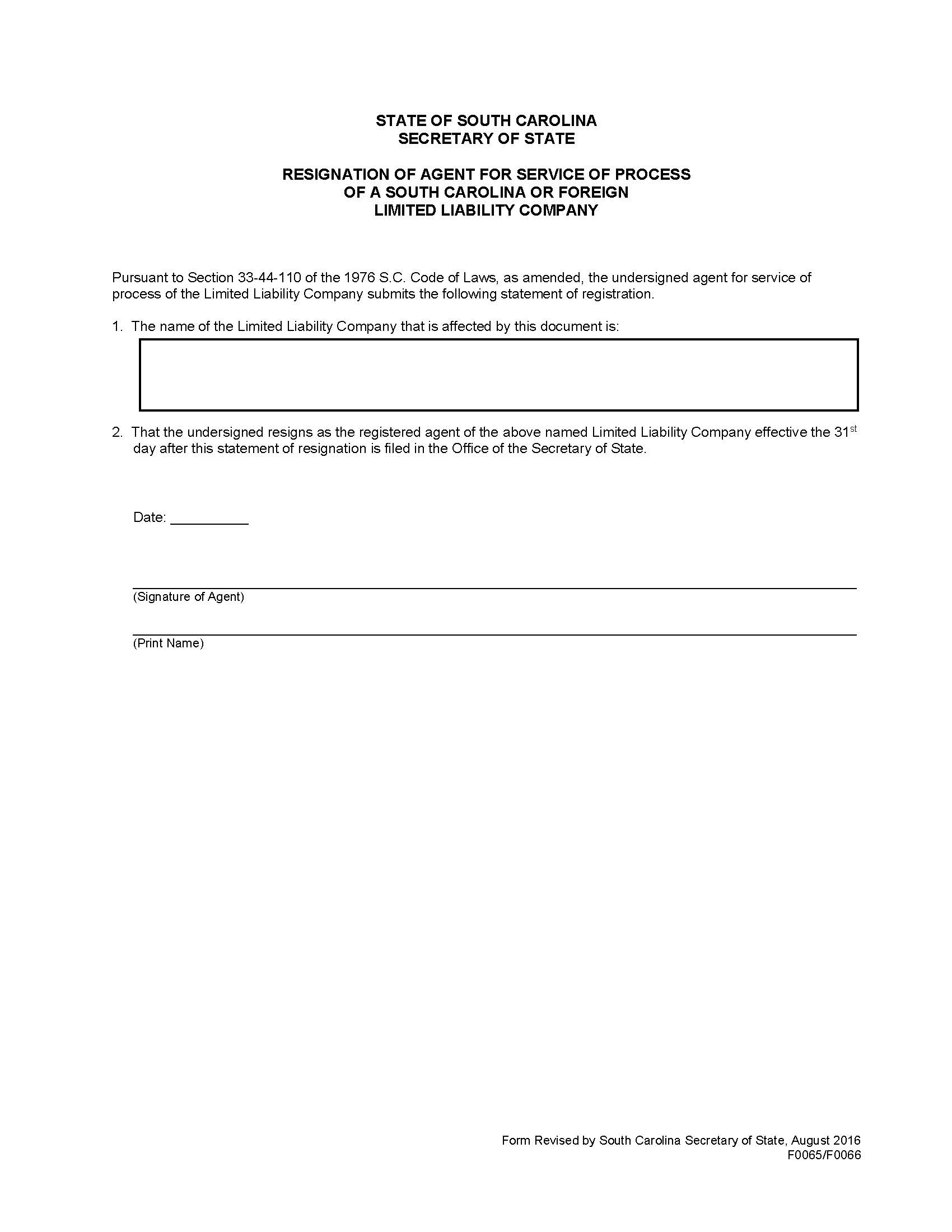 Resignation Of Agent For Service Of Process LLC {F0065 F0066} | Pdf Fpdf Doc Docx | South Carolina