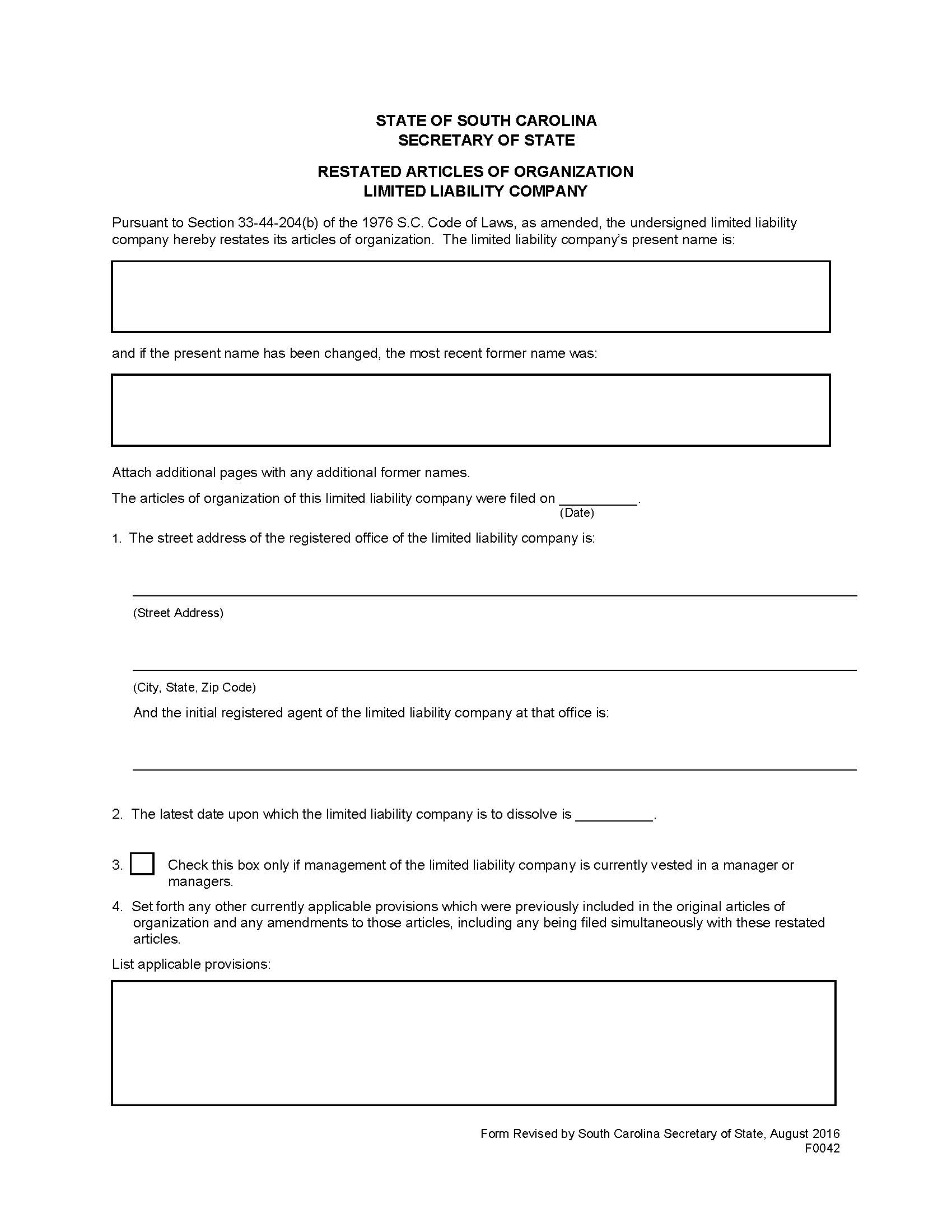 Restated Articles Of Organization (Domestic LLC) {F0042} | Pdf Fpdf Doc Docx | South Carolina