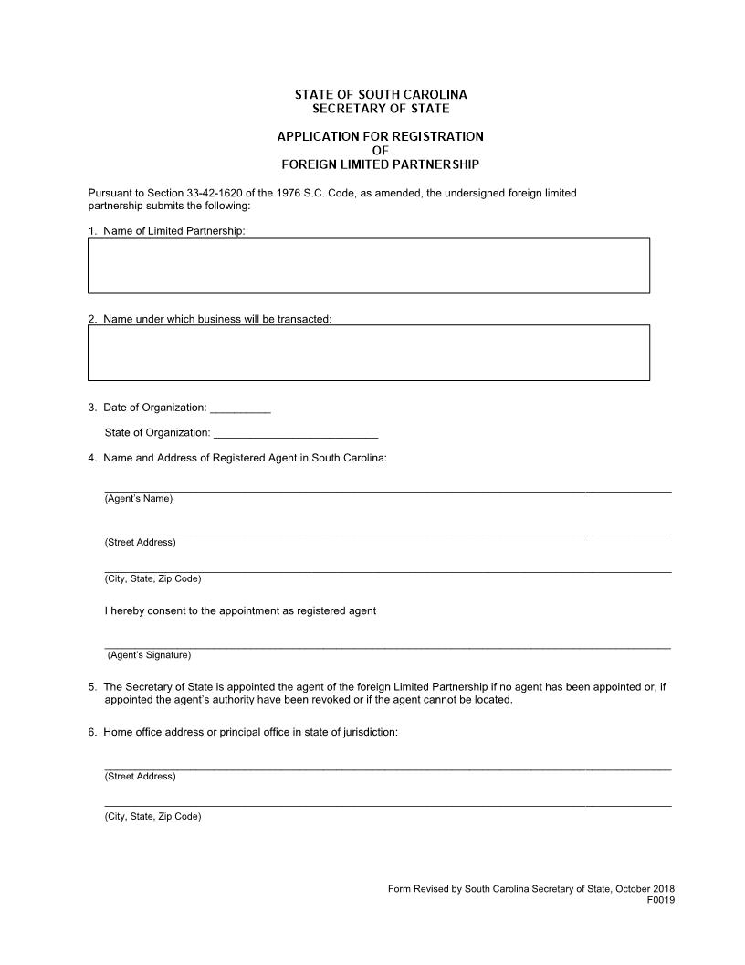 Application For Registration Of Foreign Limited Partnerhip {F0019} | Pdf Fpdf Doc Docx | South Carolina