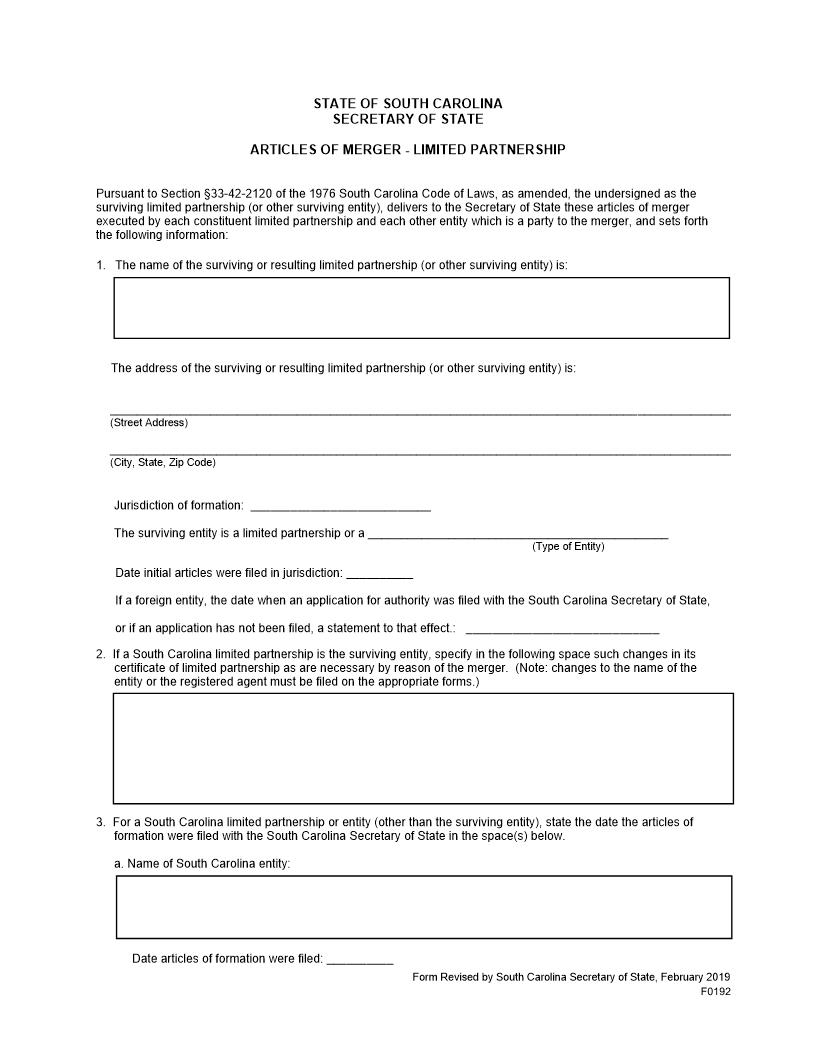 Articles Of Merger-Limited Partnership {F0192} | Pdf Fpdf Docx | South Carolina