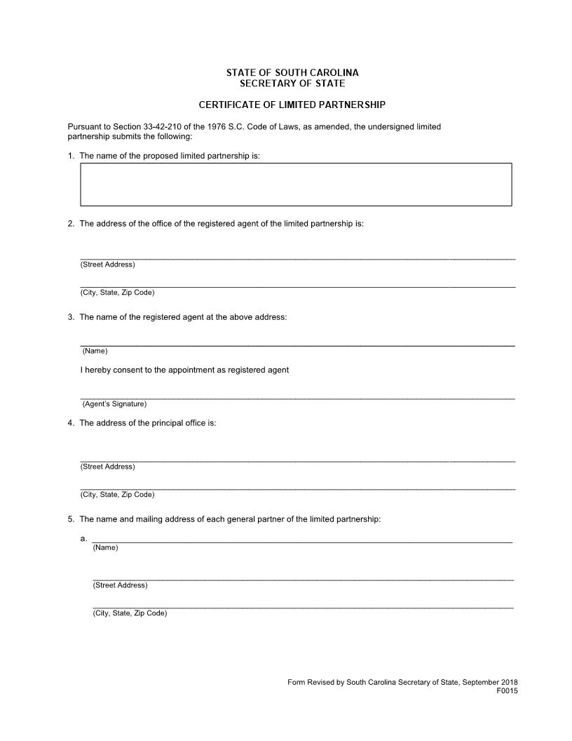 Certificate Of Limited Partnership {F0015} | Pdf Fpdf Doc Docx | South Carolina