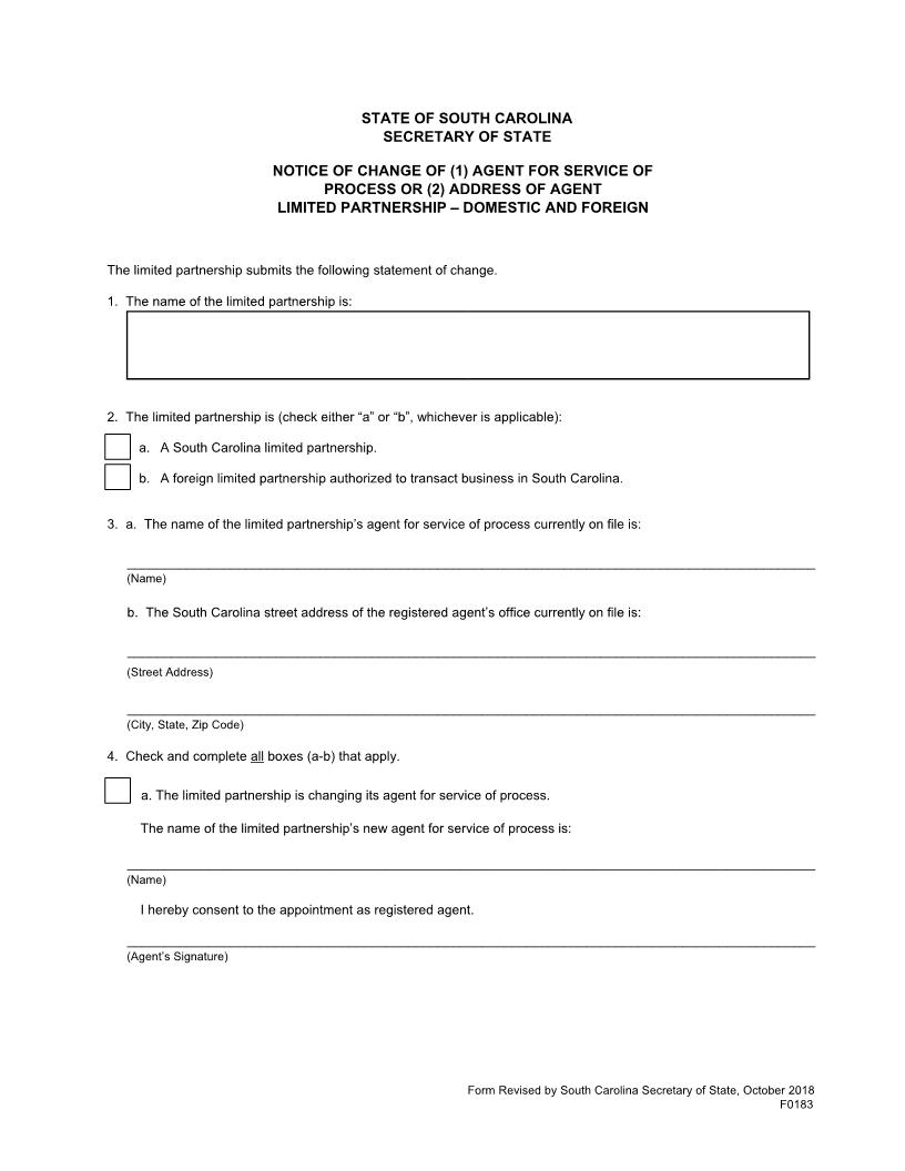 Notice Of Change Or Registered Agent Registered Address Of Registered Agent LP {F0183 F0184} | Pdf Fpdf Docx | South Carolina