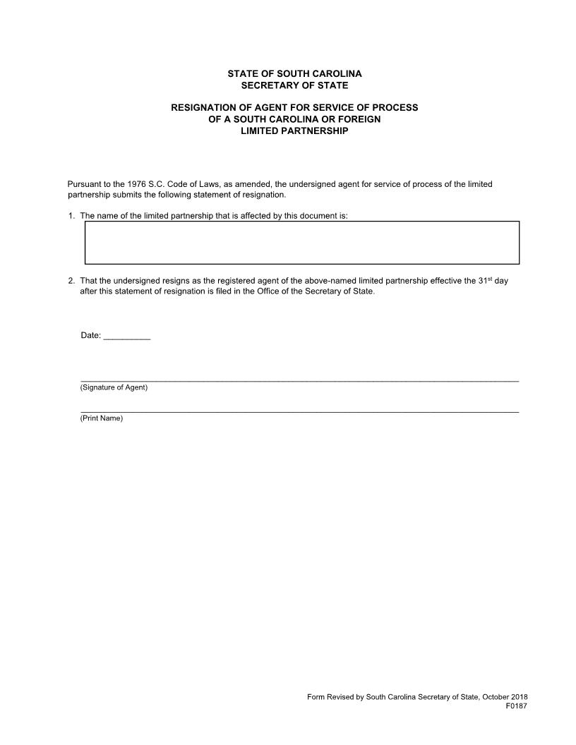 Resignation Of Agent For Service Of Process Domestic LP {F0187} | Pdf Fpdf Docx | South Carolina