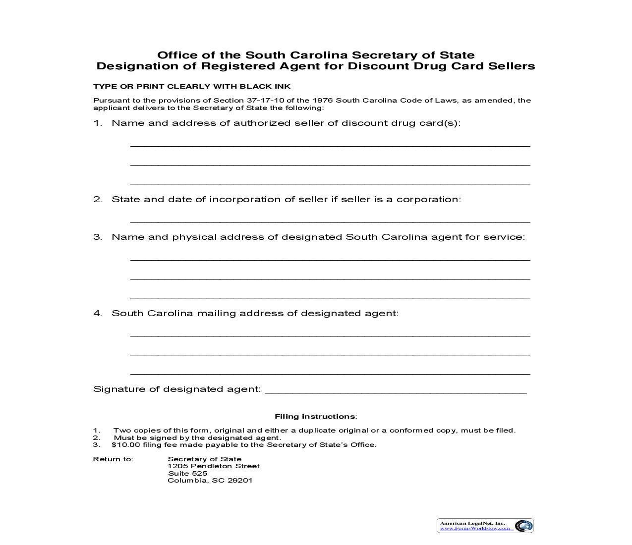 Designation Of Registered Agent For Discount Drug Card Sellers | Pdf Fpdf Doc Docx | South Carolina
