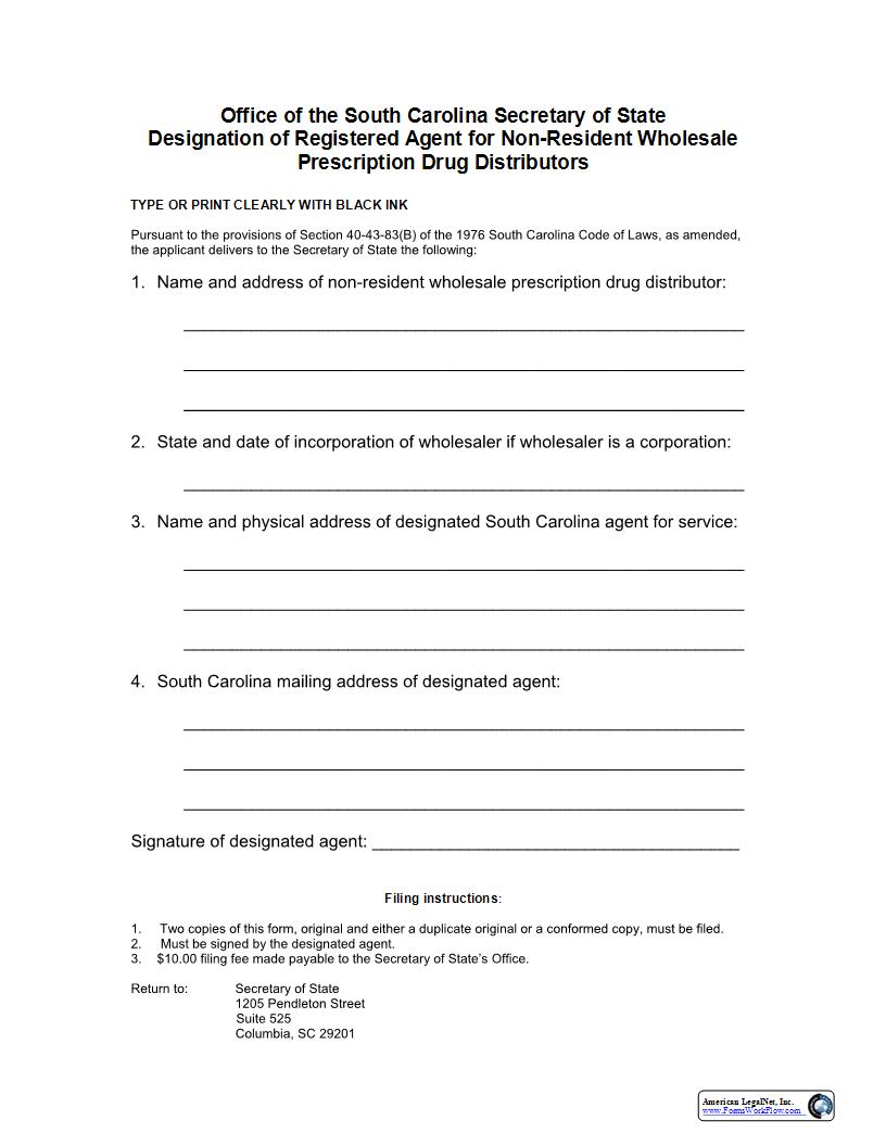 Designation Of Registered Agent For Non-Resident Wholesale Prescription Drug Distributors | Pdf Fpdf Docx | South Carolina
