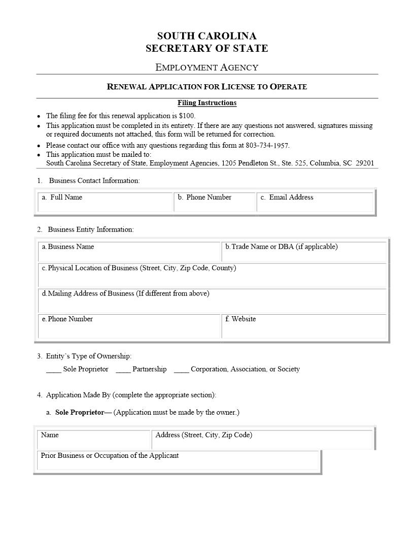 Employment Agency License Renewal | Pdf Fpdf Doc Docx | South Carolina