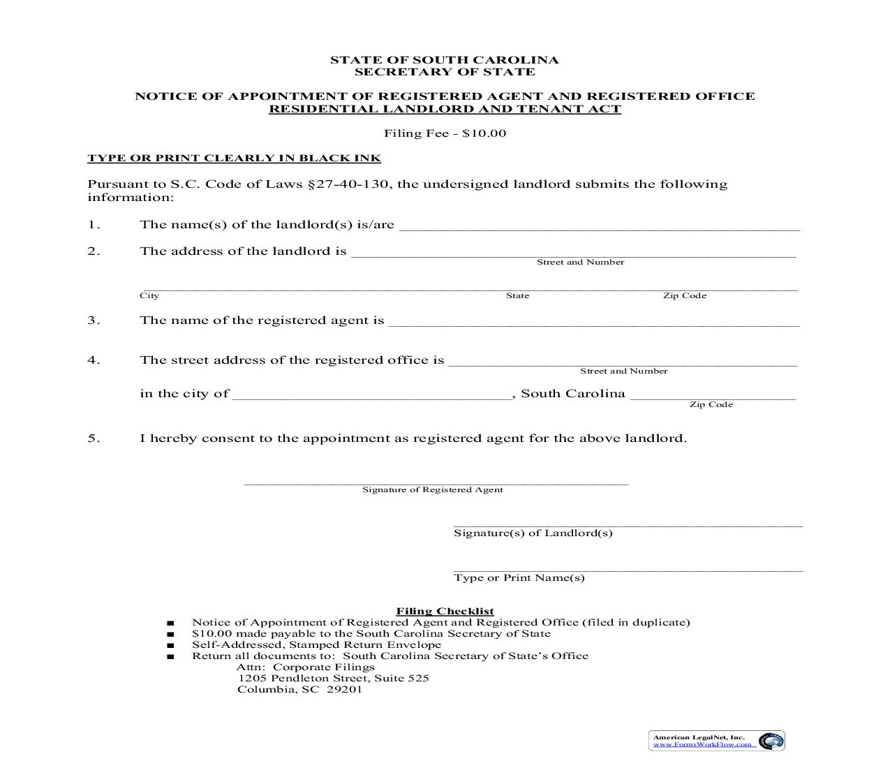 Notice Of Appointment Of Registered Agent And Registered Office | Pdf Fpdf Doc Docx | South Carolina