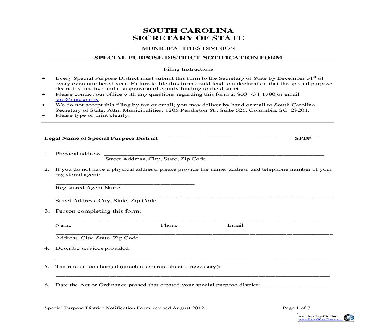 Special Purpose District Notification Form | Pdf Fpdf Doc Docx | South Carolina