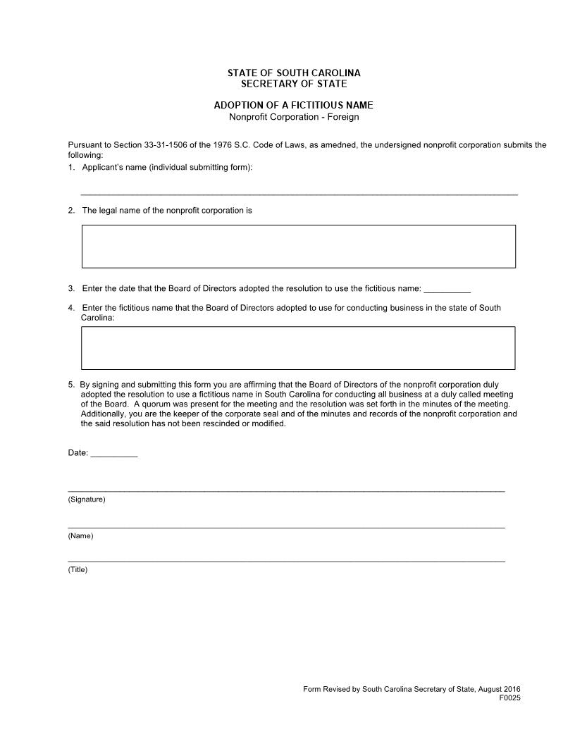 Adoption Of A Fictitious Name (Non Profit-Foreign) {F0025} | Pdf Fpdf Docx | South Carolina