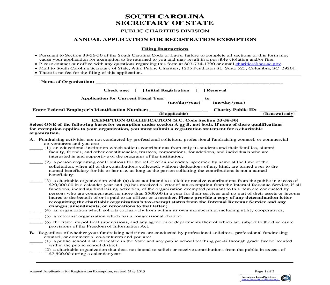 Annual Application For Registration Exemption | Pdf Fpdf Doc Docx | South Carolina